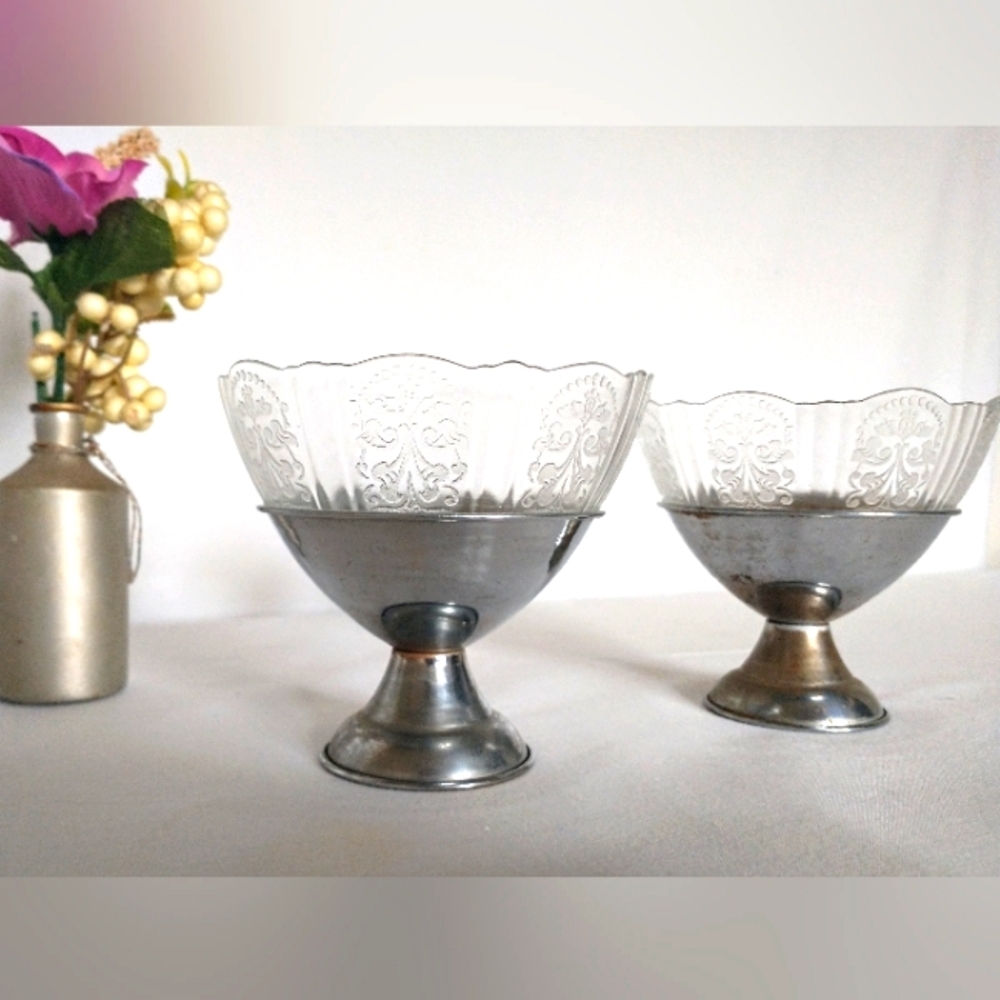 1930s  Etched Glass Parfait Cups - Metal Pedestal Holders - A Romantic Pair of 2